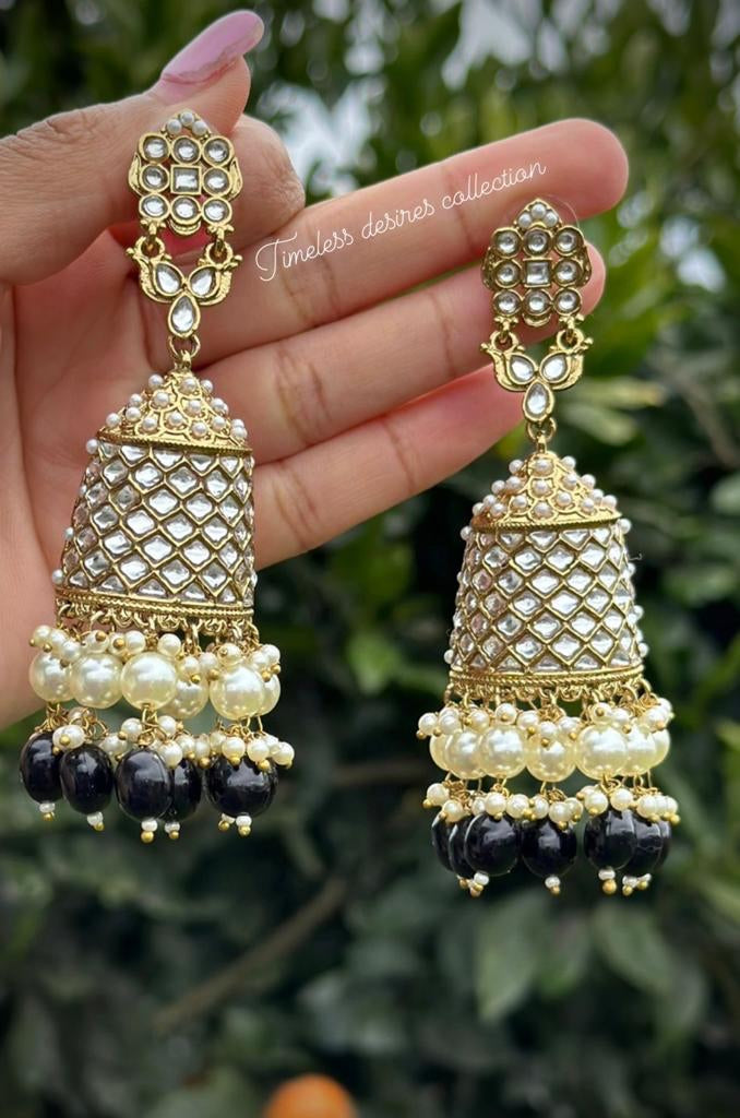 Black pearl loaded kundan Jhumka earrings