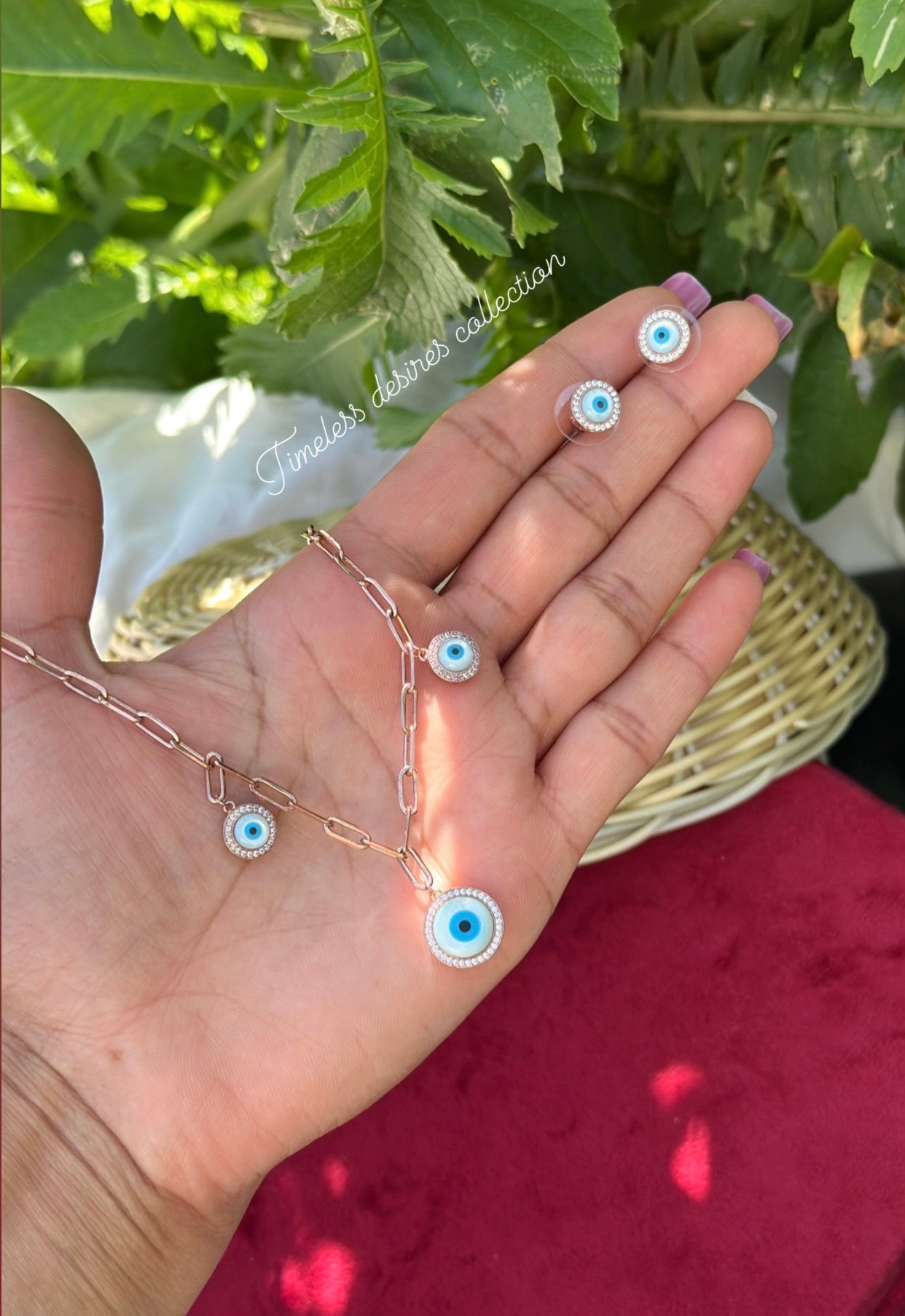 Evil eye necklace set with studs in American diamond high quality rose gold colour