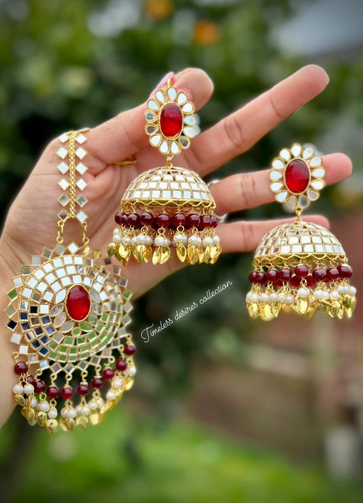 Maroon Jhumka Earrings and Tikka set in Mirror