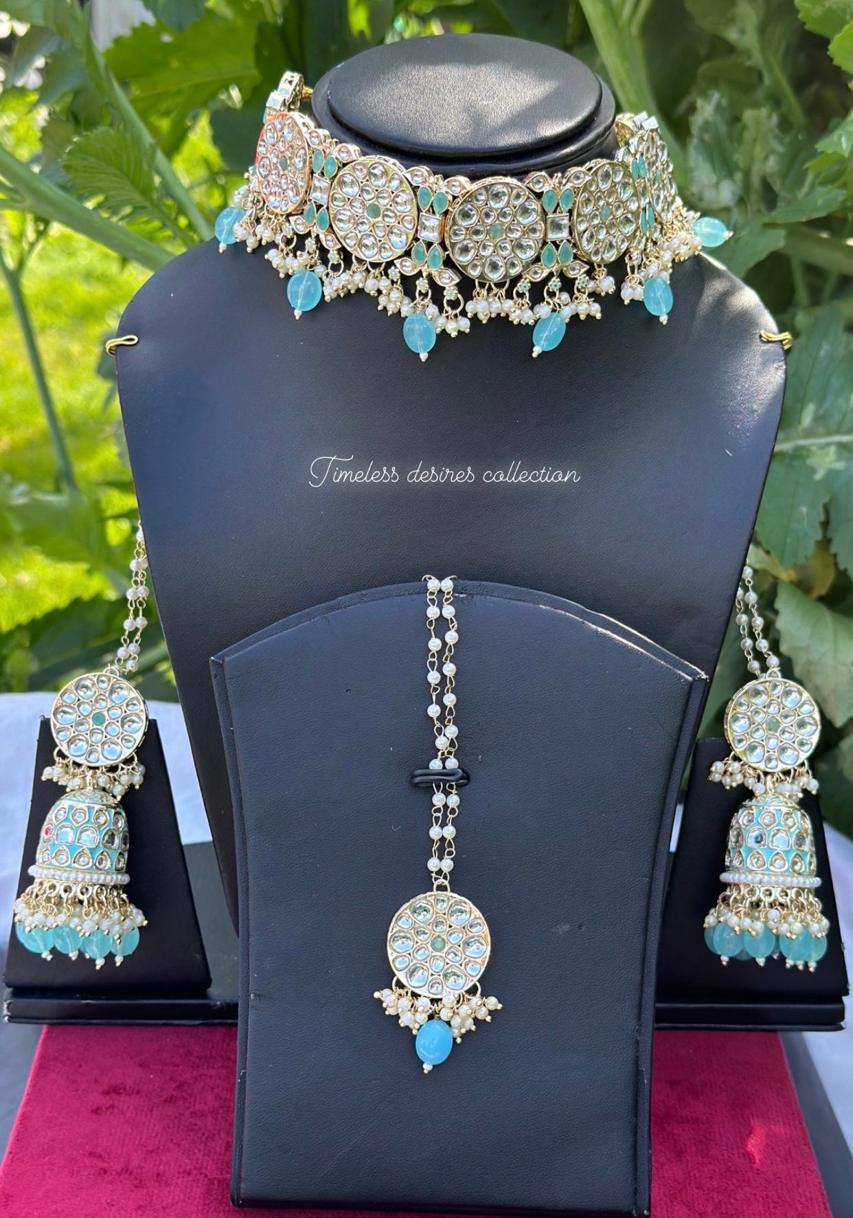 Sky blue or light blue choker / necklace set in meenakari kundan ( Sharara chains attached with jhumka )