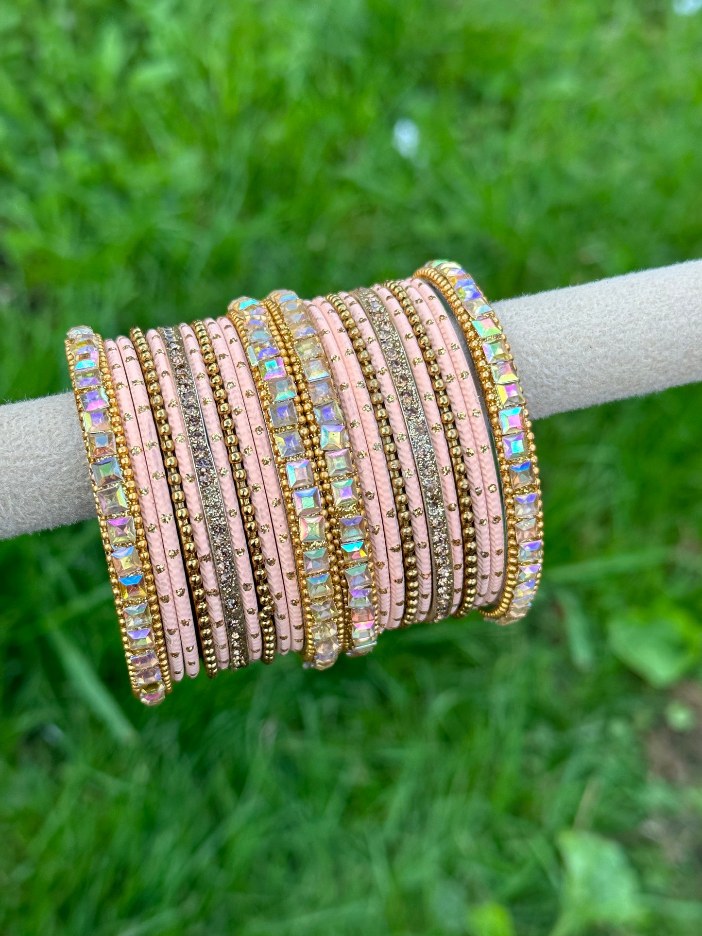 Peach colour bangles with shiny golden kangan’s ( set of both hands )