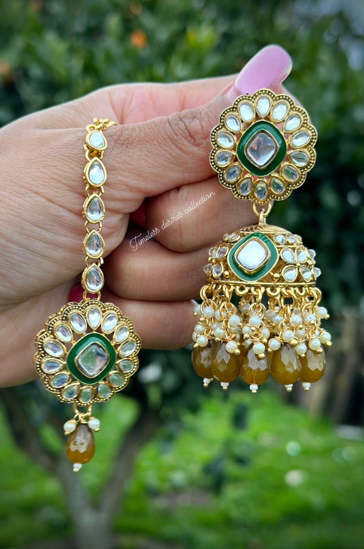 Mehndi green Jhumka Earrings with tikka in Kundan