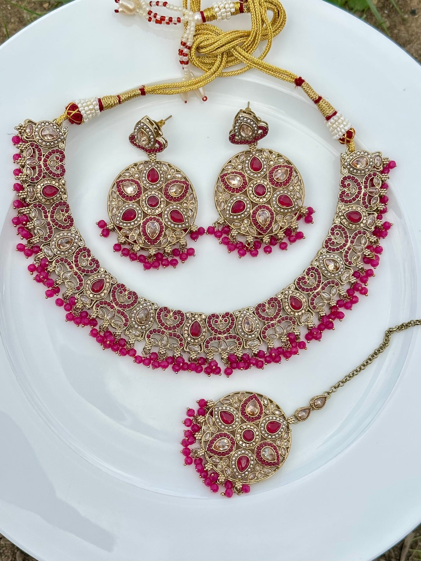Pink necklace set with earrings and tikka- J25