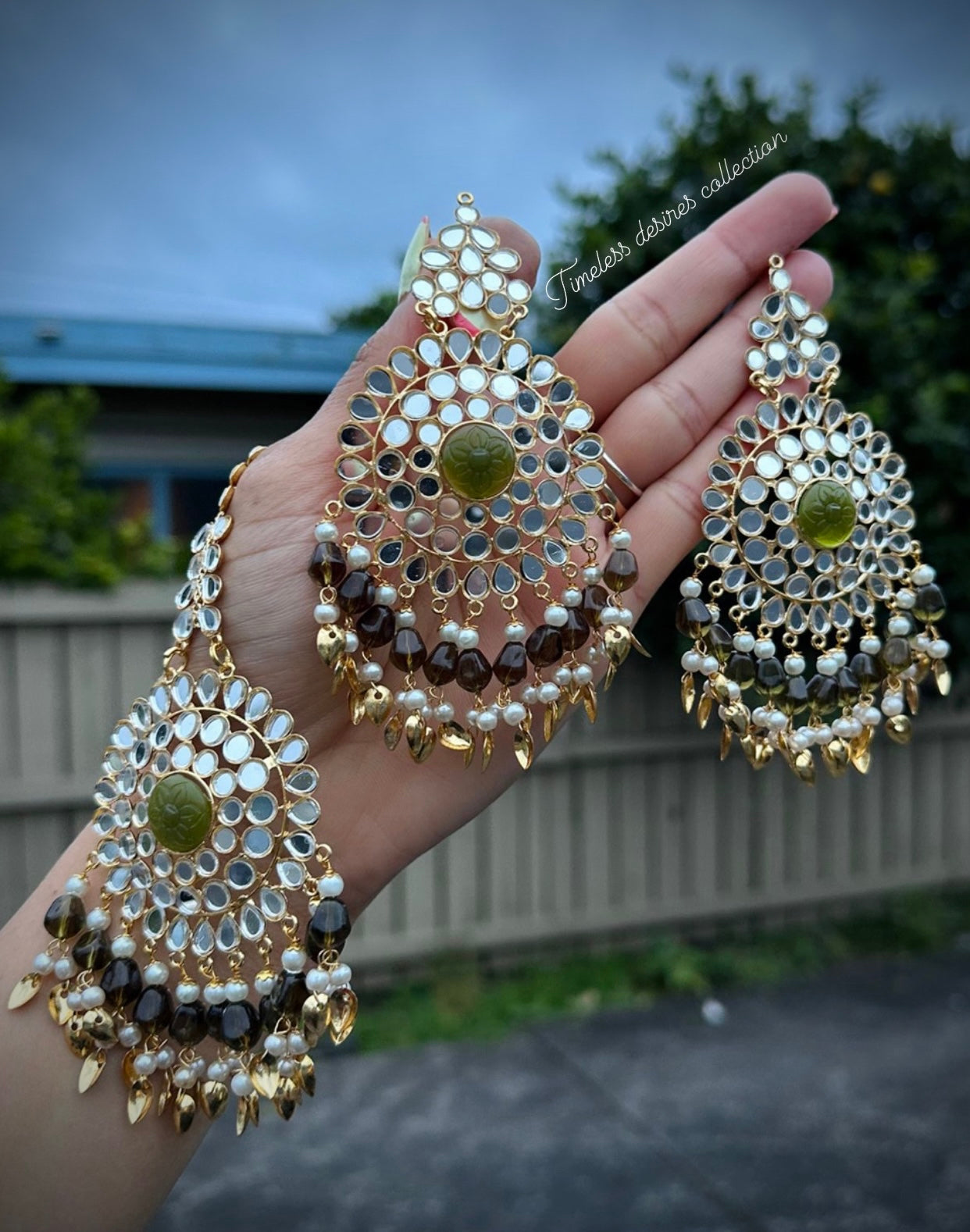 Mehndi green Earrings and Tikka set in Mirror