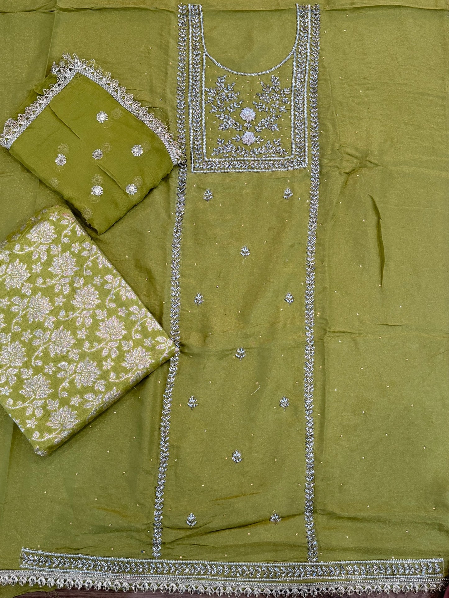 Unstitched handwork Suit - shirt: shimmer silk , bottom : Banarsi , Duppata : chiffon ( Colour- Mehndi )
