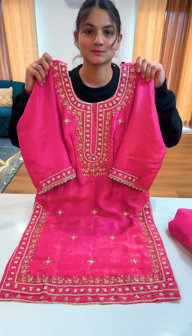 Rani Pink Handwork Suit on shimmer silk - ( Code: 739 )