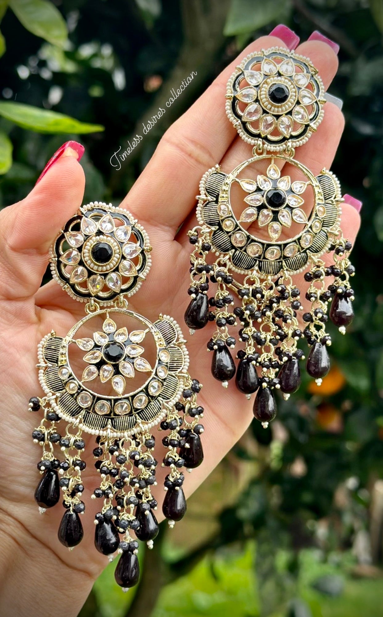 Black pearl drop earrings in Meenakari Kundan