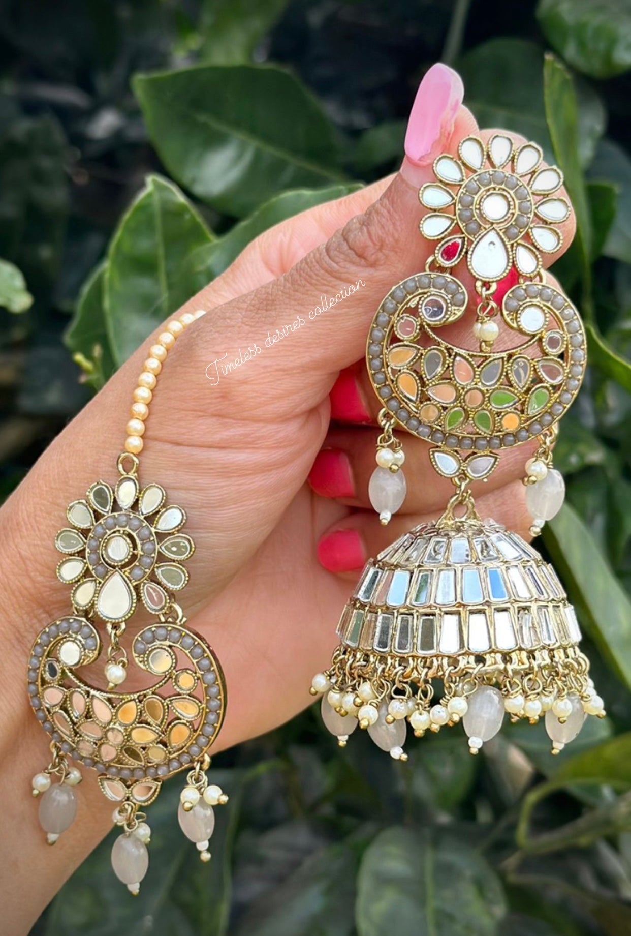 Grey long earnings and tikka set in mirror