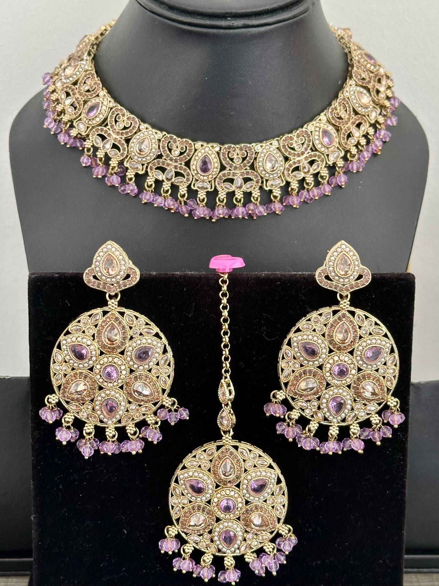 Lavender colour necklace set with earrings and tikka- J25