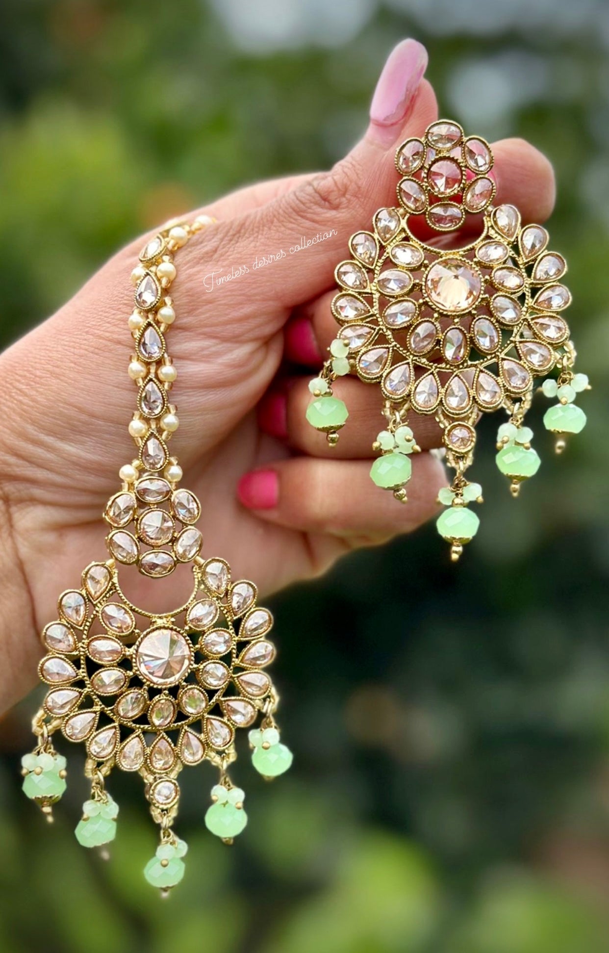 Mint green earrings and tikka set in reverse AD ( high quality Polki )