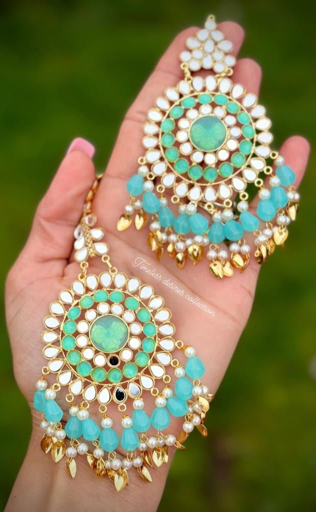 Sky blue earrings and tikka set in mirror with pipal patti
