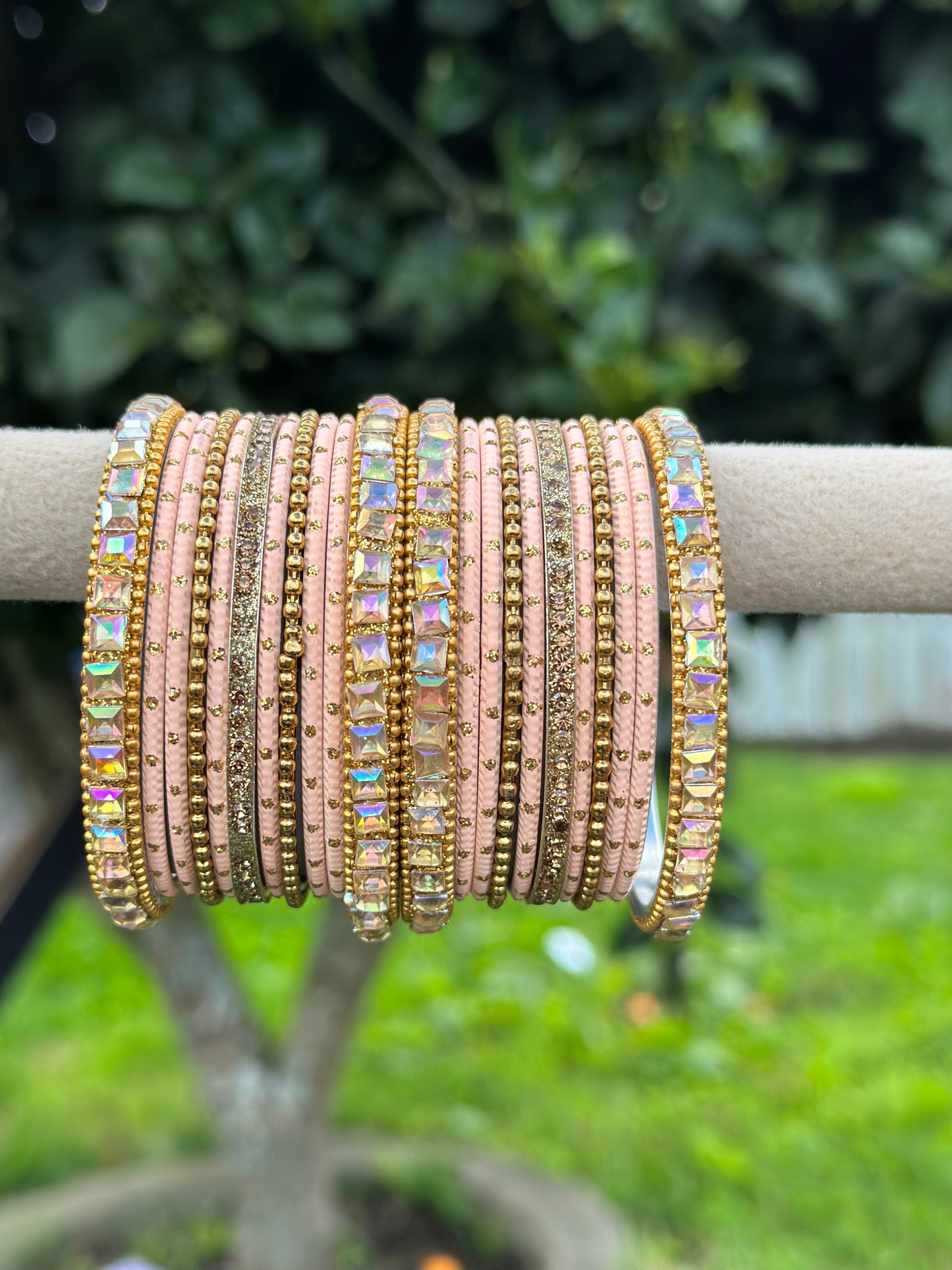 Peach colour bangles with shiny golden kangan’s ( set of both hands )