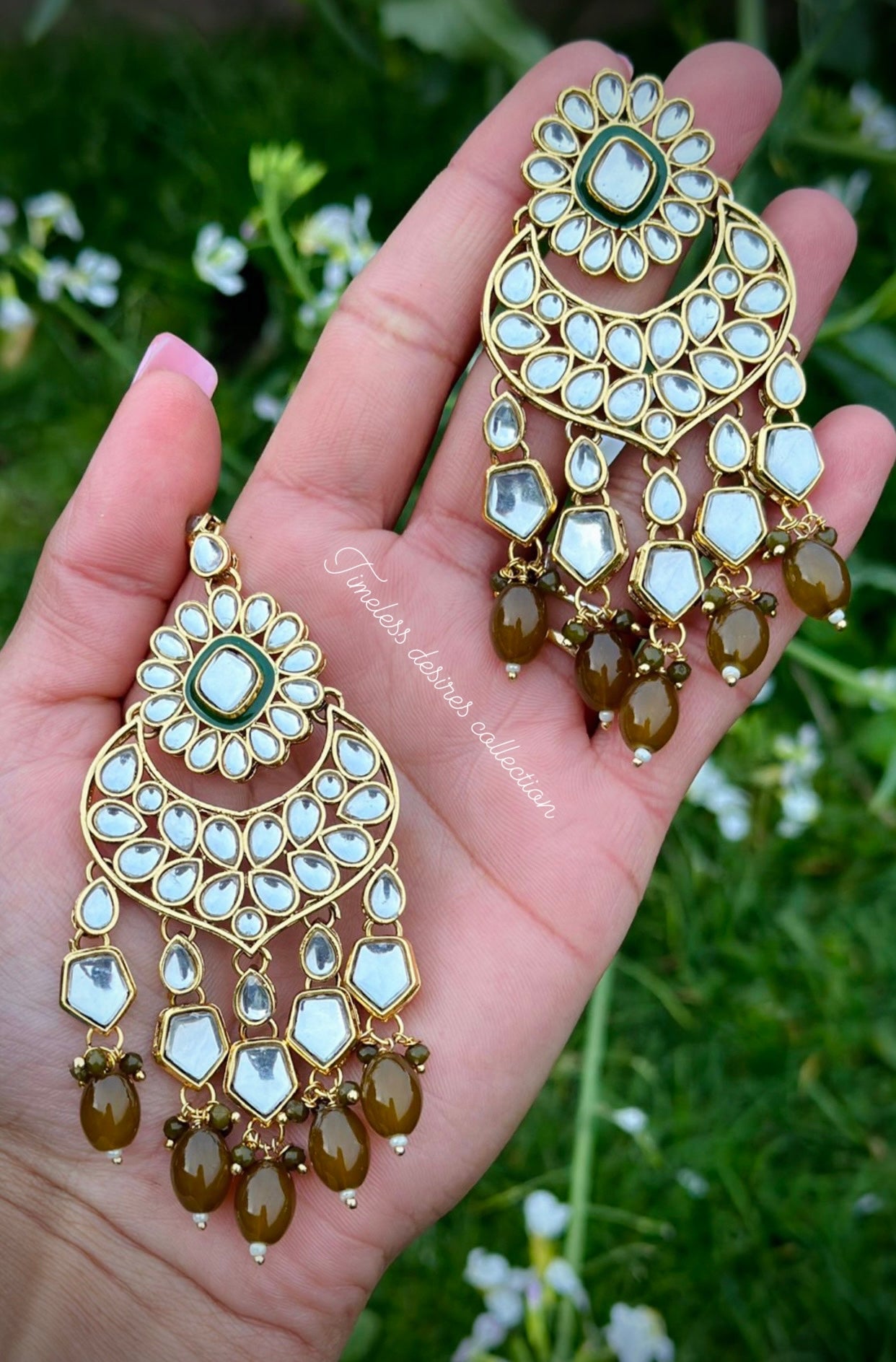 Mehndi green earrings and tikka set in Kundan