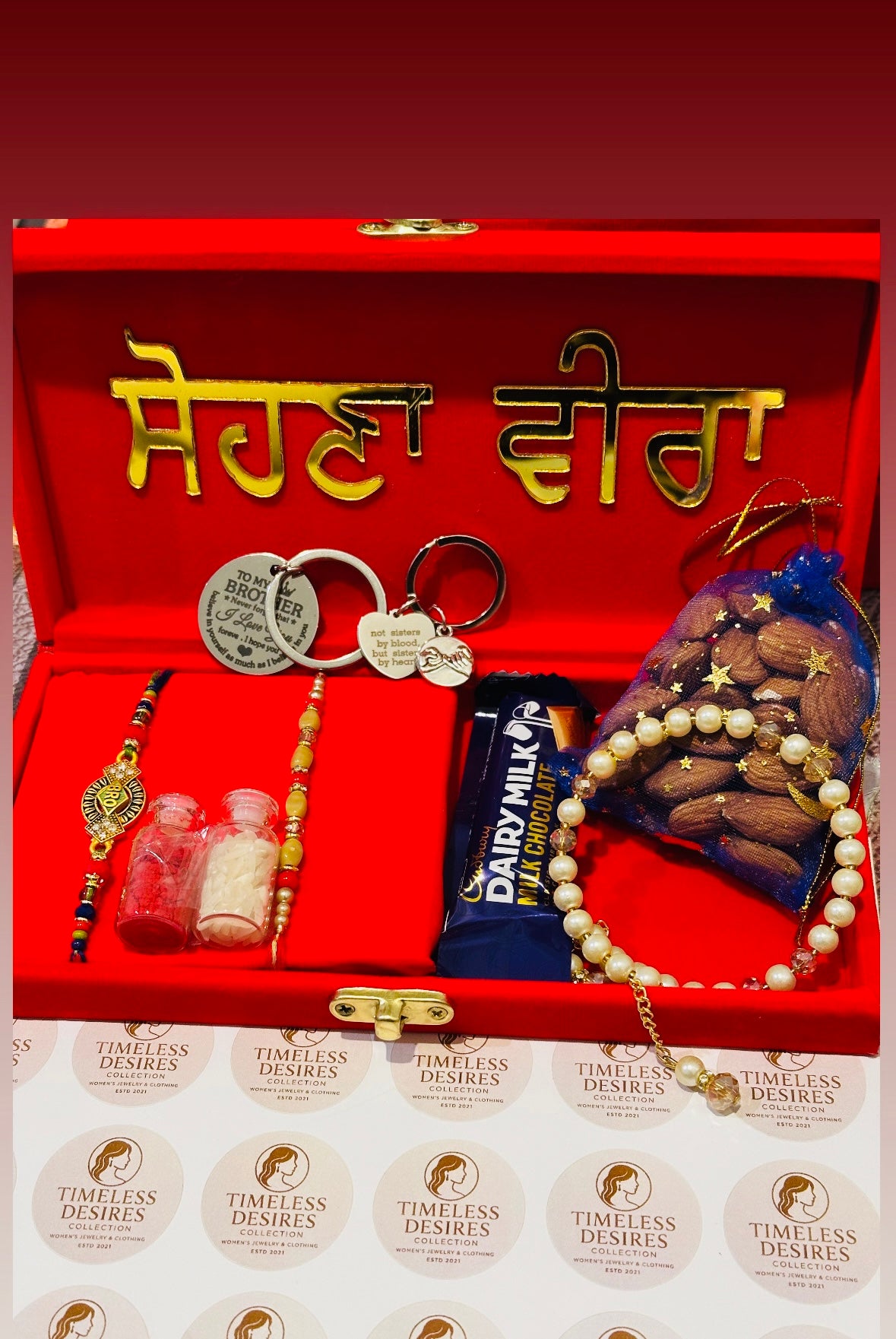 Couple / Veera Bhabi Rakhi gift hamper box - assorted Accessories ( includes - gifts , chocolates , dry fruits and Rakhi’s ) all in one - Code A99