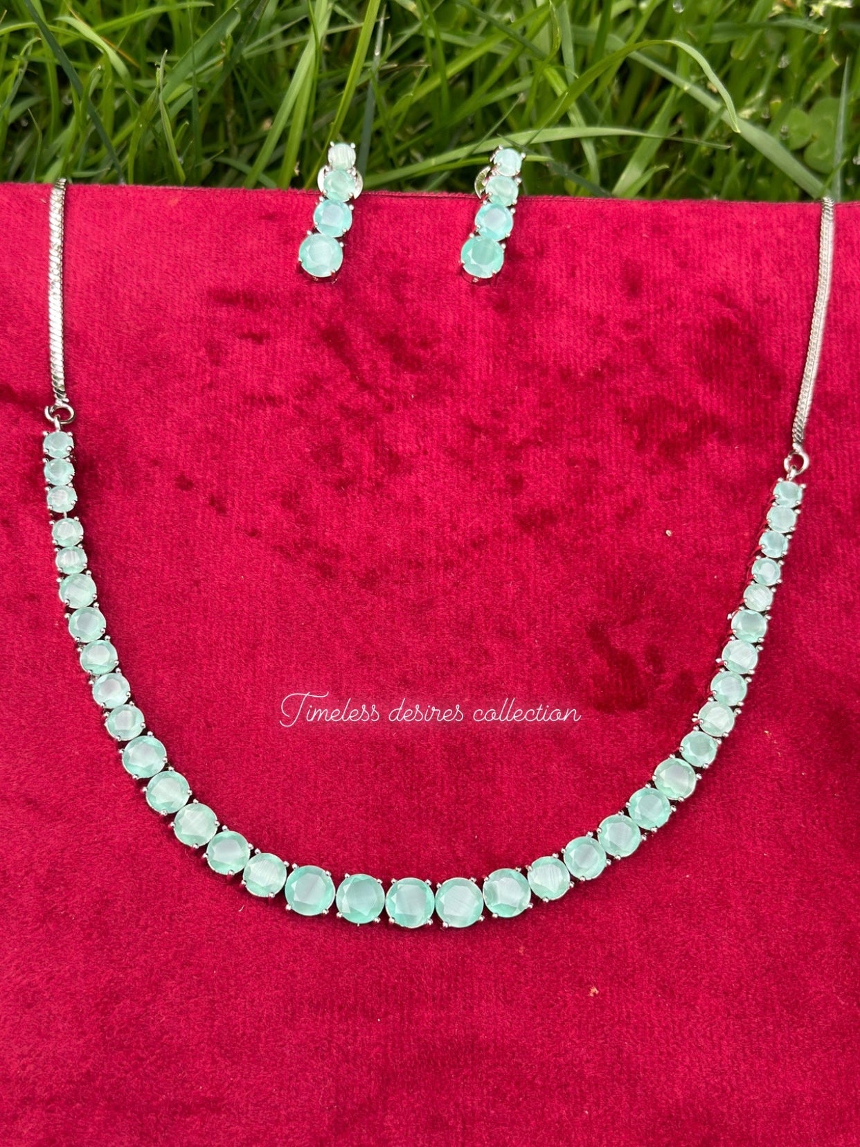 Mint green colour American diamond necklace set in silver