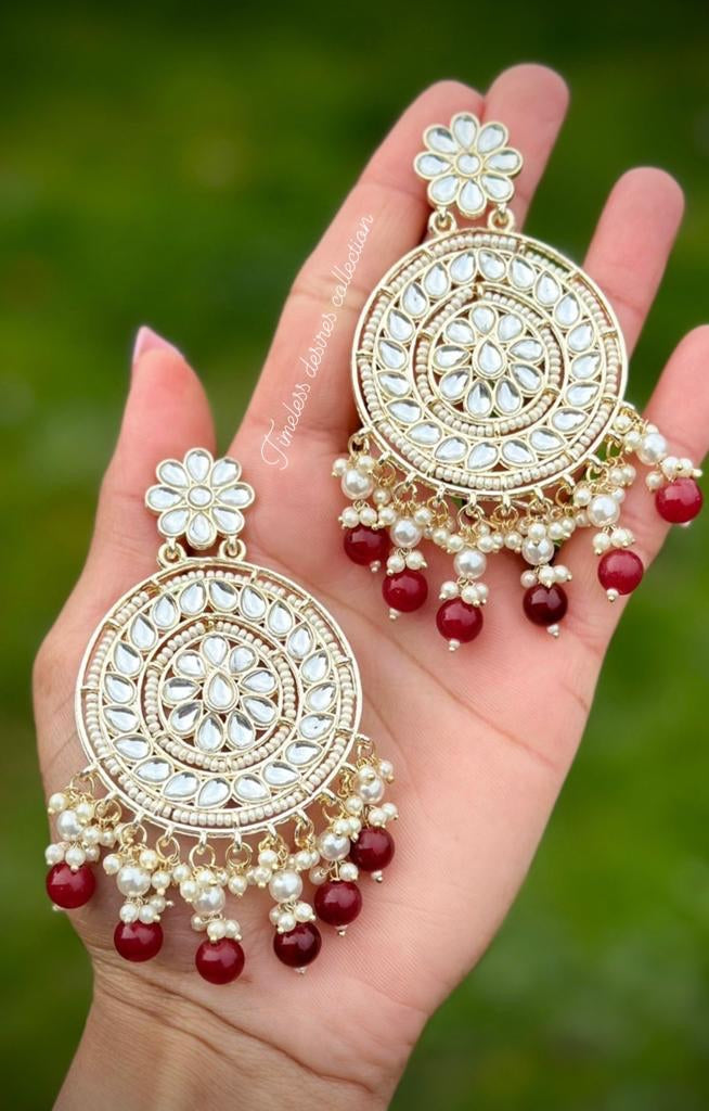 Maroon Earrings in white kundan