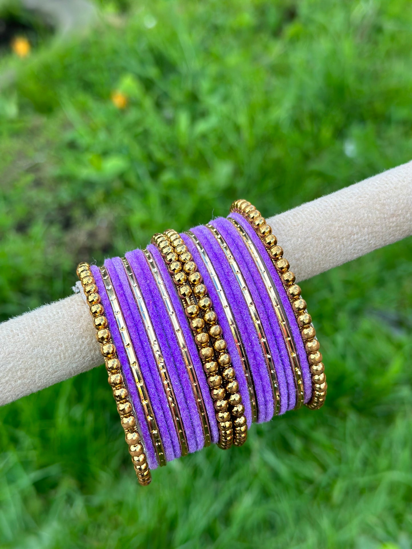Lavender Purple velvet bangles set with golden beaded kangan’s