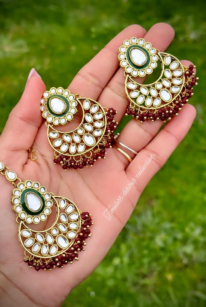 Maroon Earrings and Tikka set in Kundan