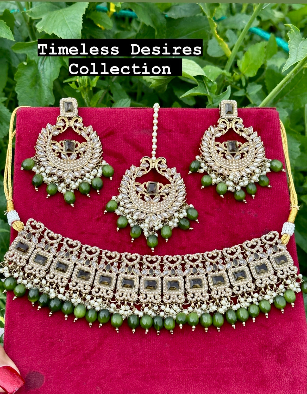 Mehndi Green choker / necklace set in reverse AD