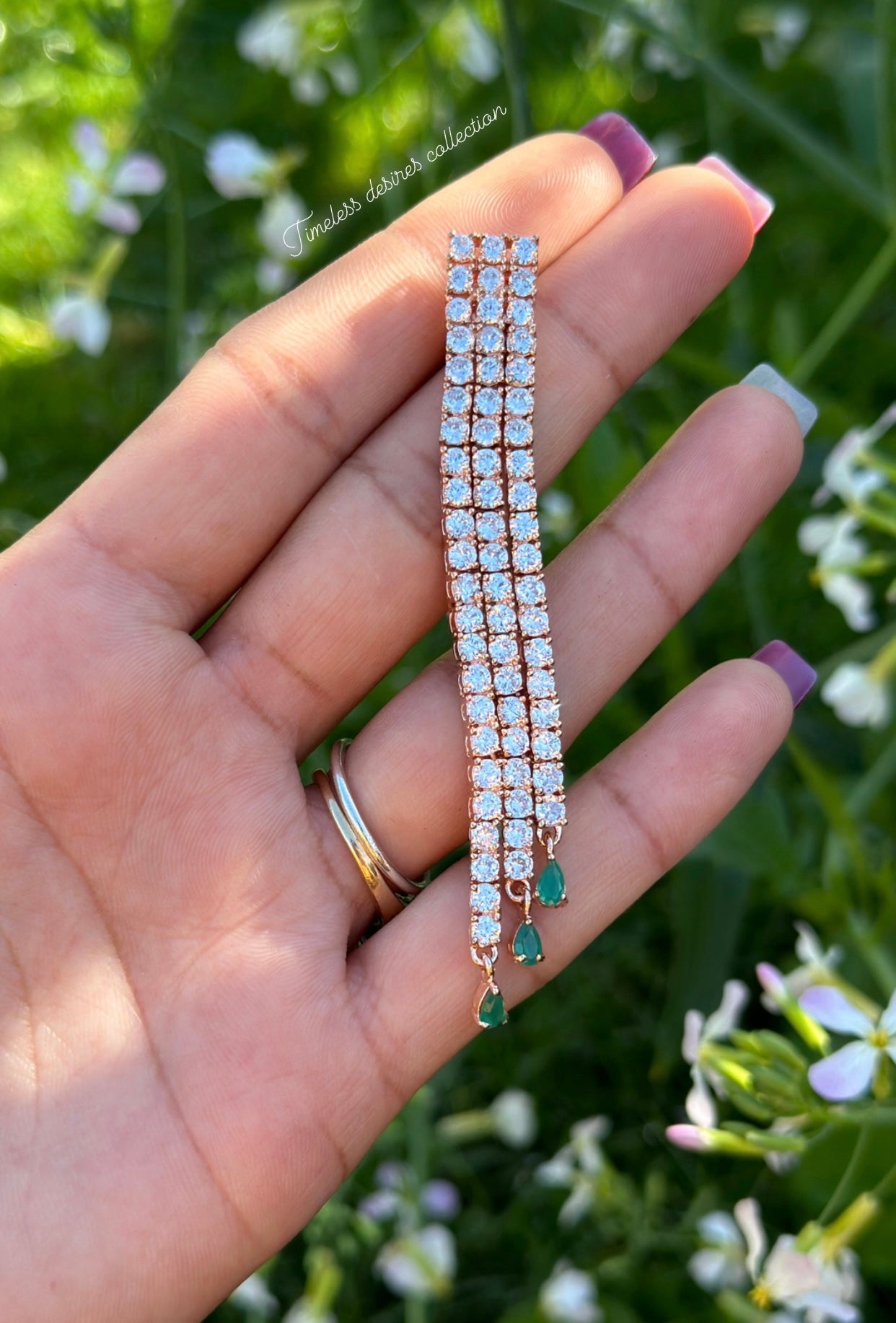 Green with rose golden American diamond earrings