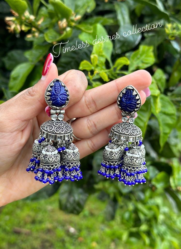 Blue Jhumka drop earrings in oxidised look in silver