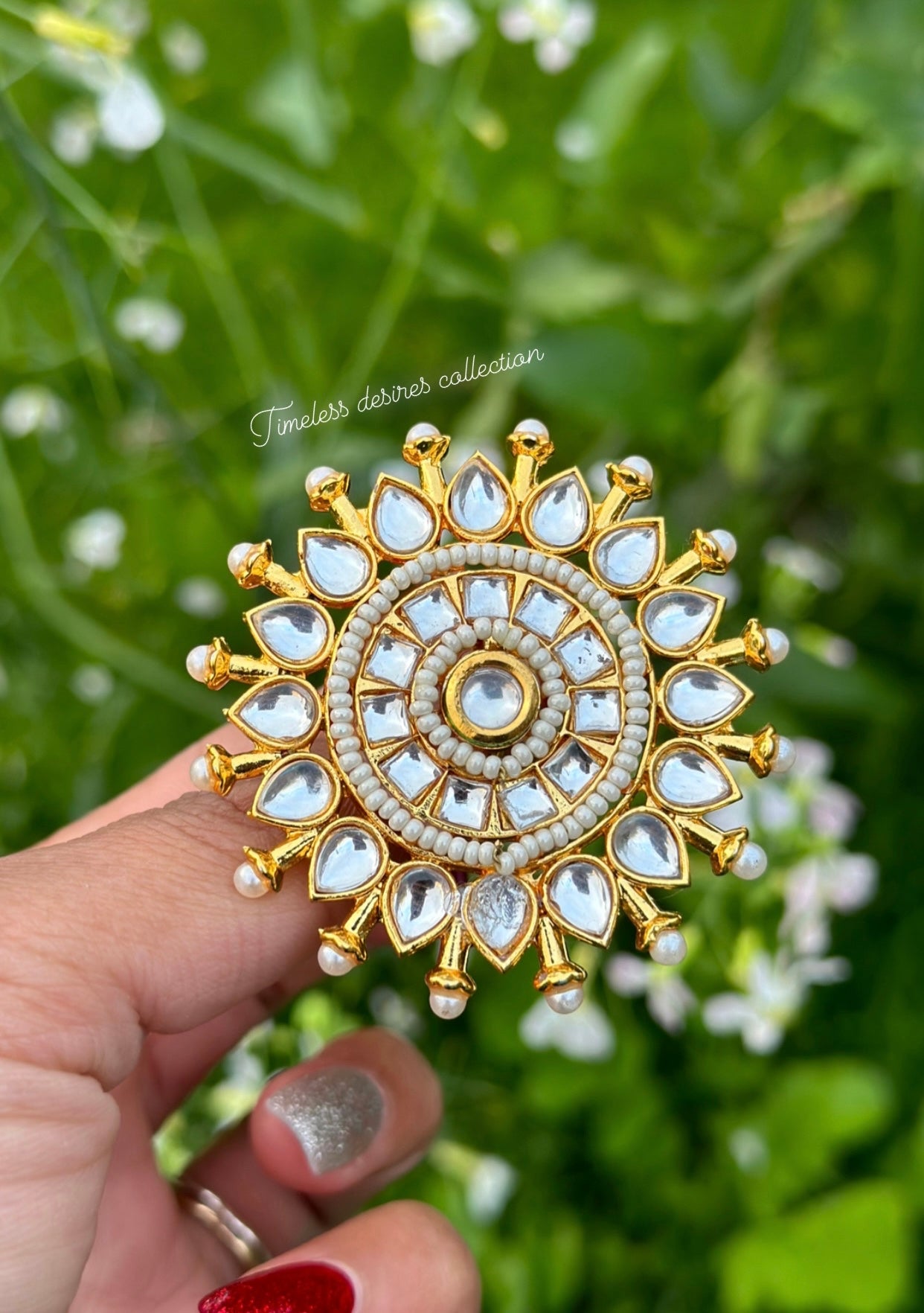 White & Golden Oversized ring in Kundan