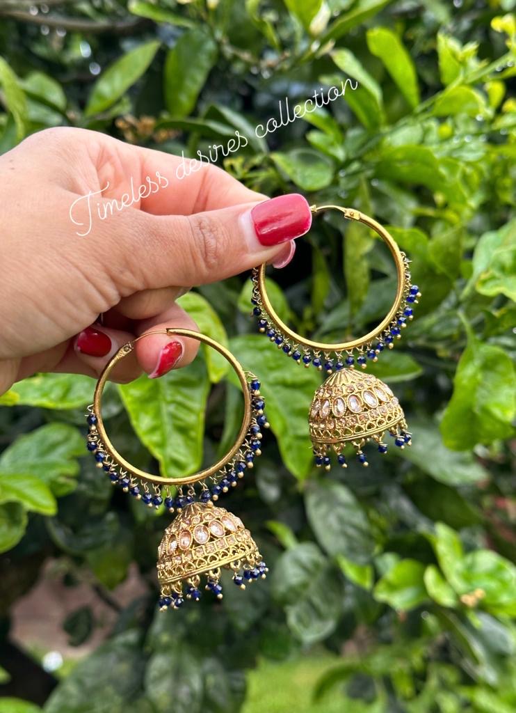 Blue Jhumka Waliya earrings in polki