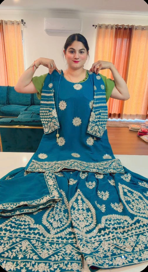 Party Wear Heavy garara suit on Georgette ( Colour - Teal Blue ) Code: RS106
