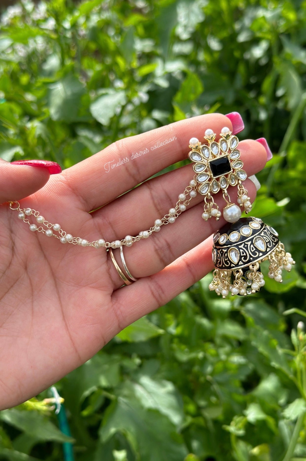 Black choker / necklace set in Kundan with tumbler beads in meenakari with Jhumka included Sahara chains