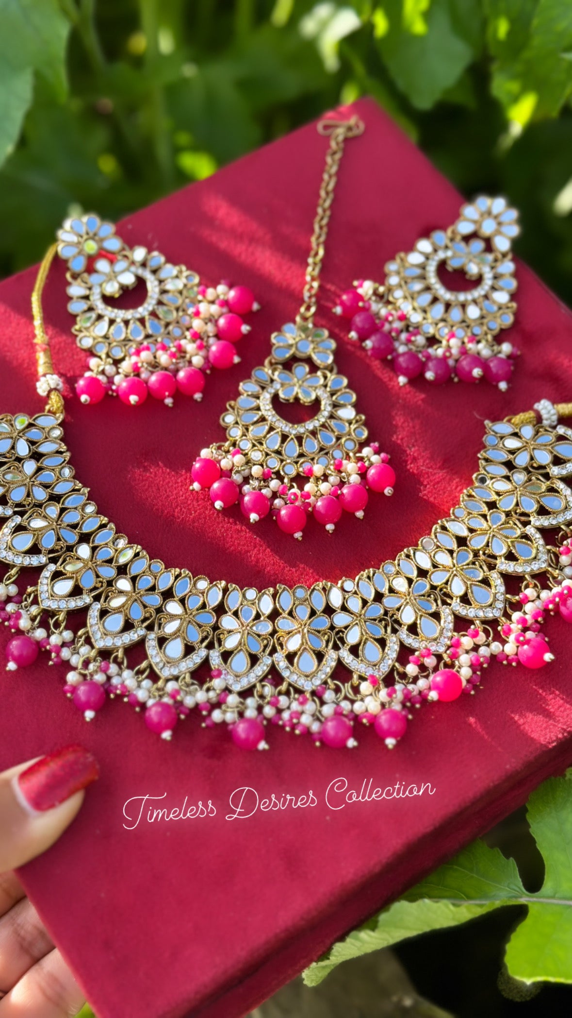 Hot Pink ( Rani Pink ) necklace / choker set in mirror