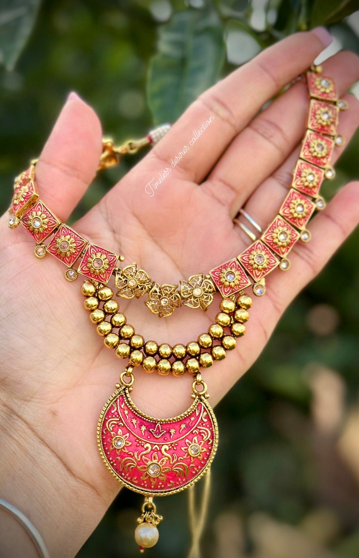 Red Gold plated necklace set in Meenakari with Bell sound earrings in Antique look