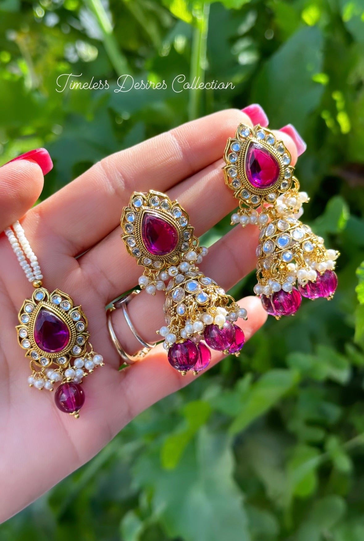 Purple choker / necklace set with Jhumka earrings in Kundan with antique polish