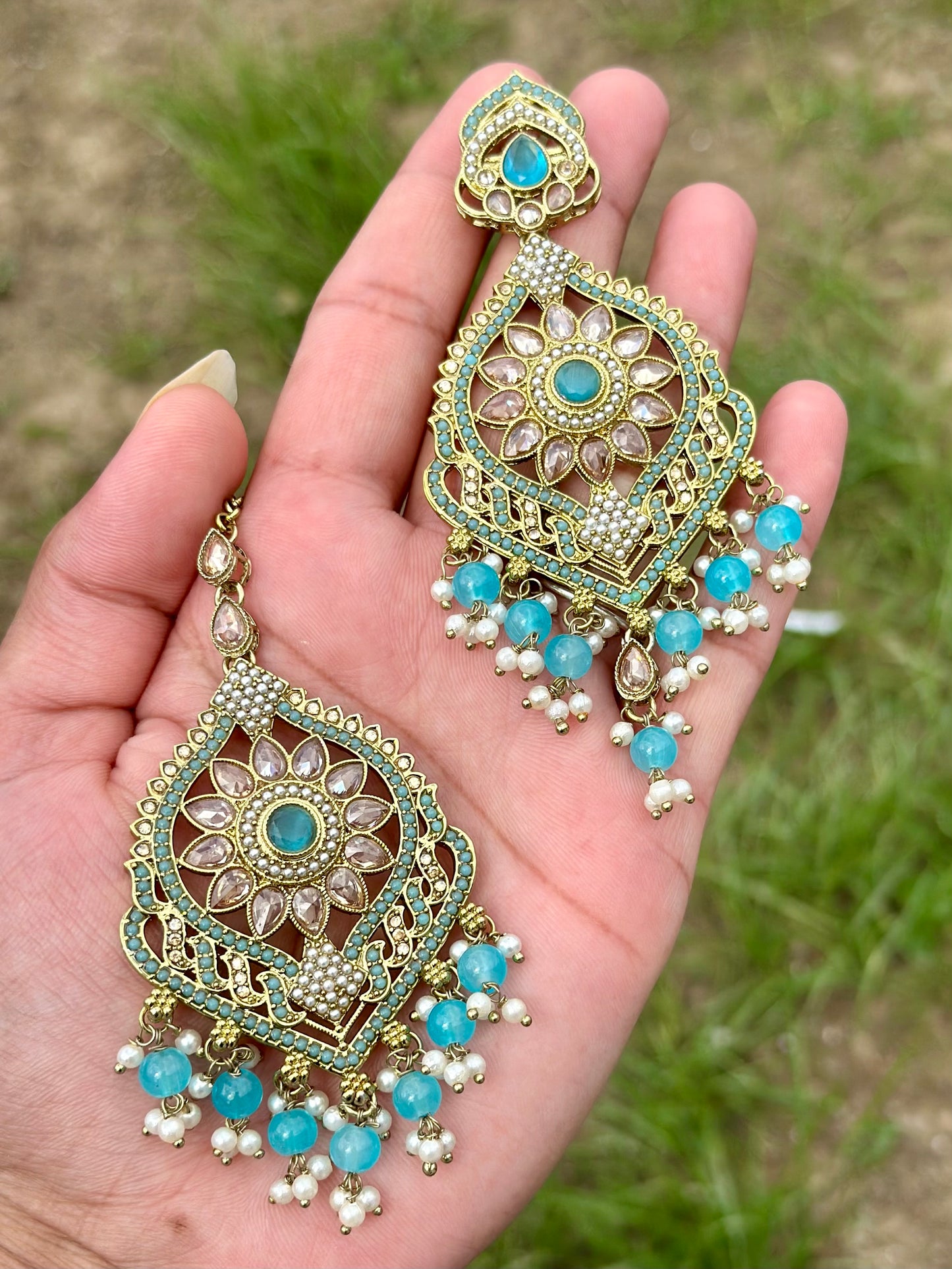 Sky blue earrings with tikka - J11