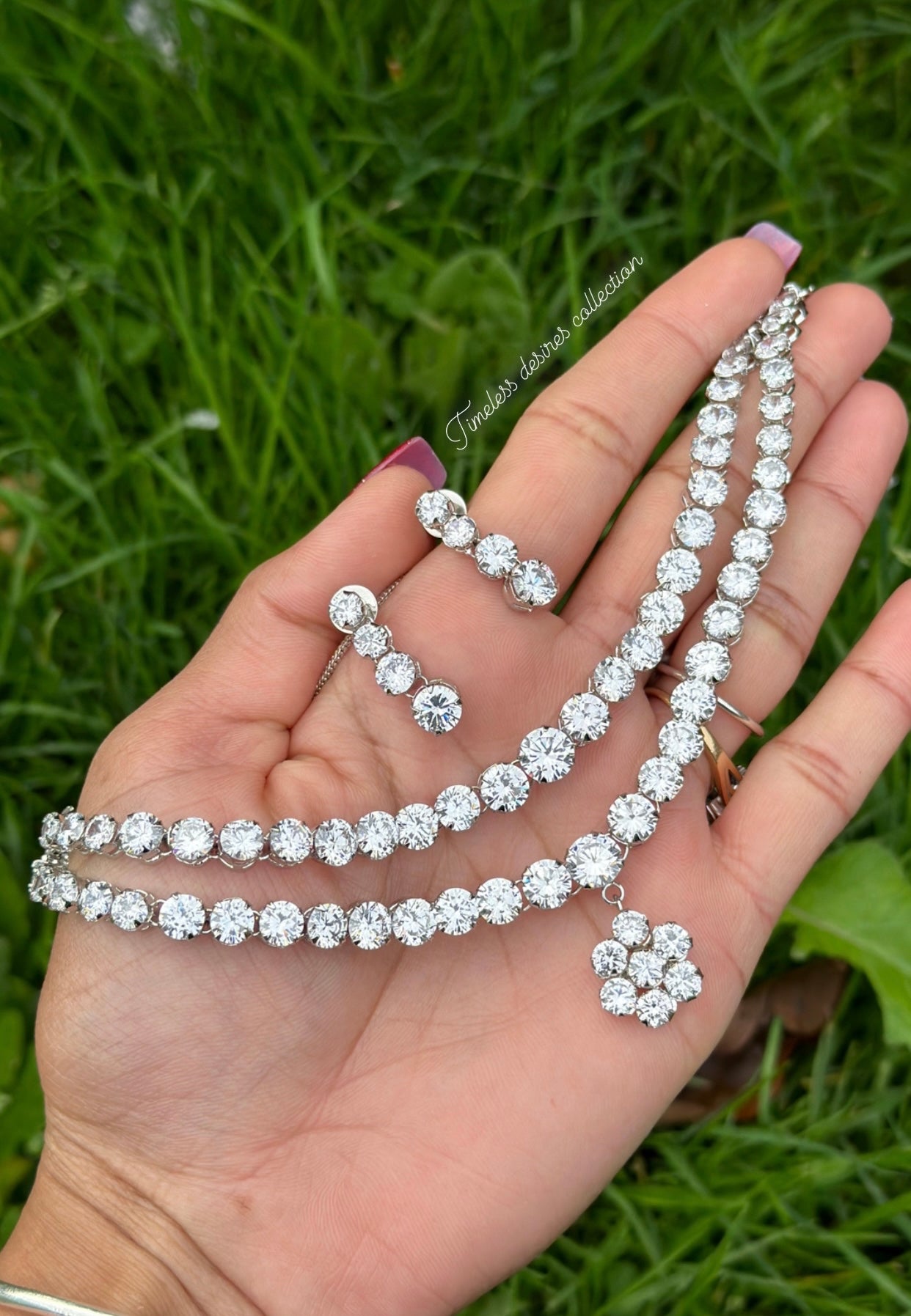 Double layer silver American diamond necklace set