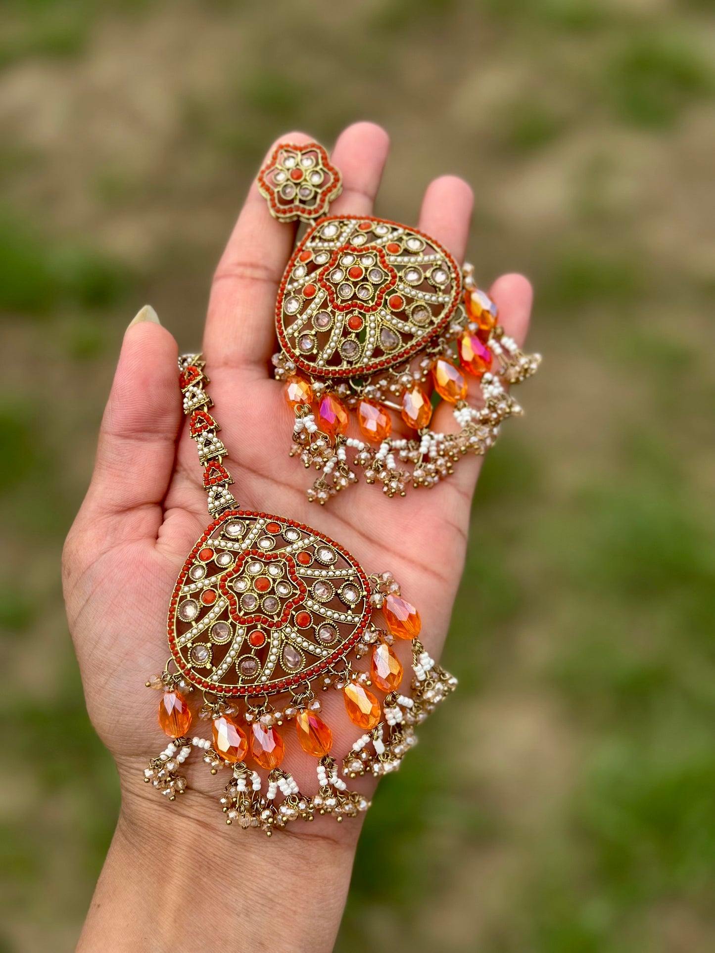 Orange colour earrings with tikka - J21