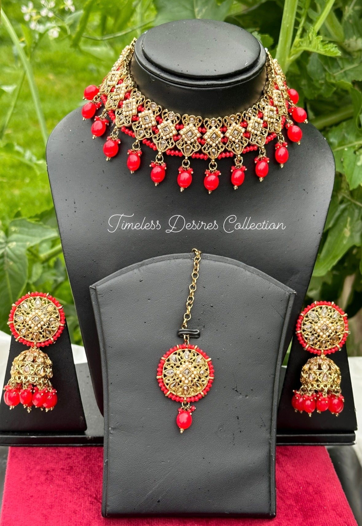Red choker / necklace set with Jhumki in polki 👌
