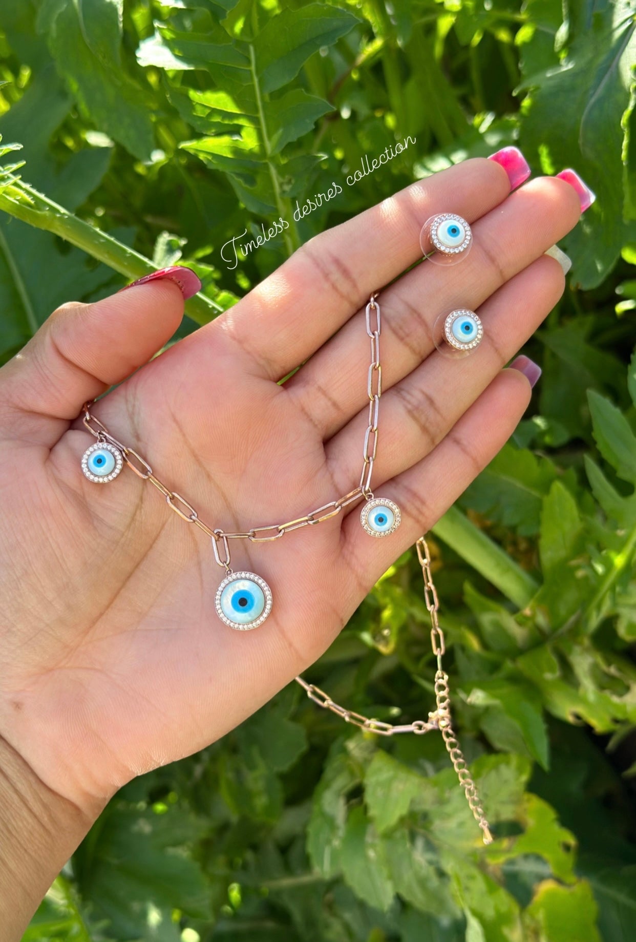 Evil eye necklace set with studs in American diamond high quality rose gold colour