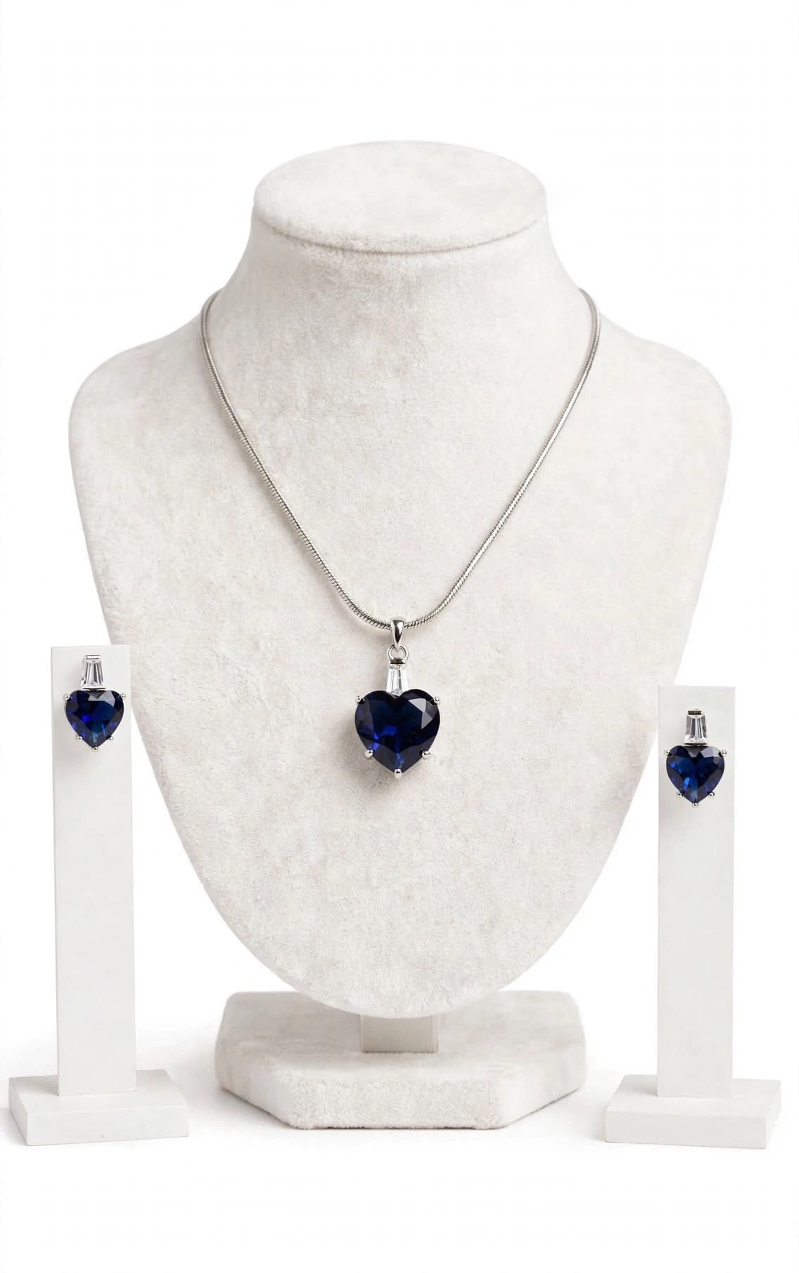 Blue American diamond necklace set with earrings in silver polish- n70