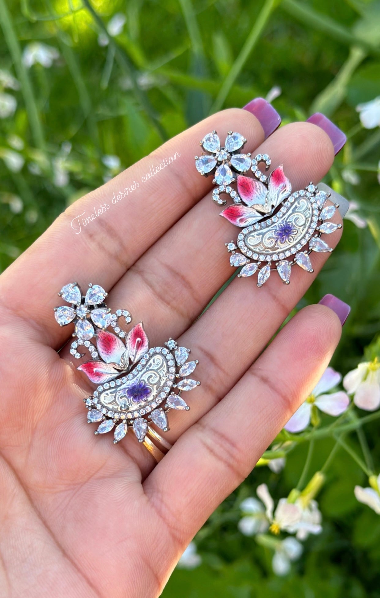 Multi American diamond earrings in silver polish