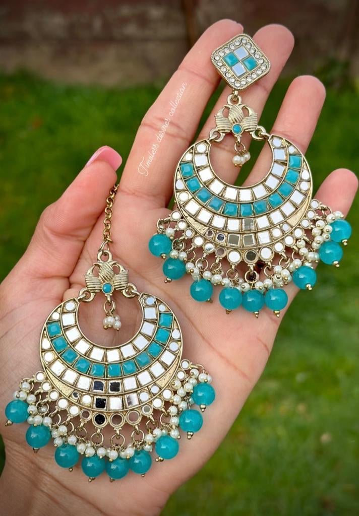 Sky blue earrings and tikka set in mirror