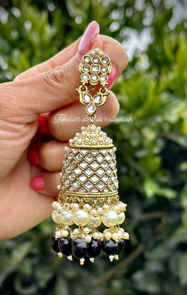 Black pearl loaded kundan Jhumka earrings
