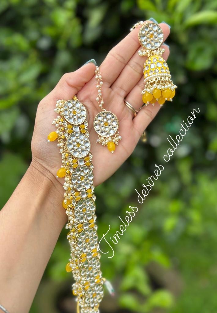 Yellow necklace set with earrings and tikka set