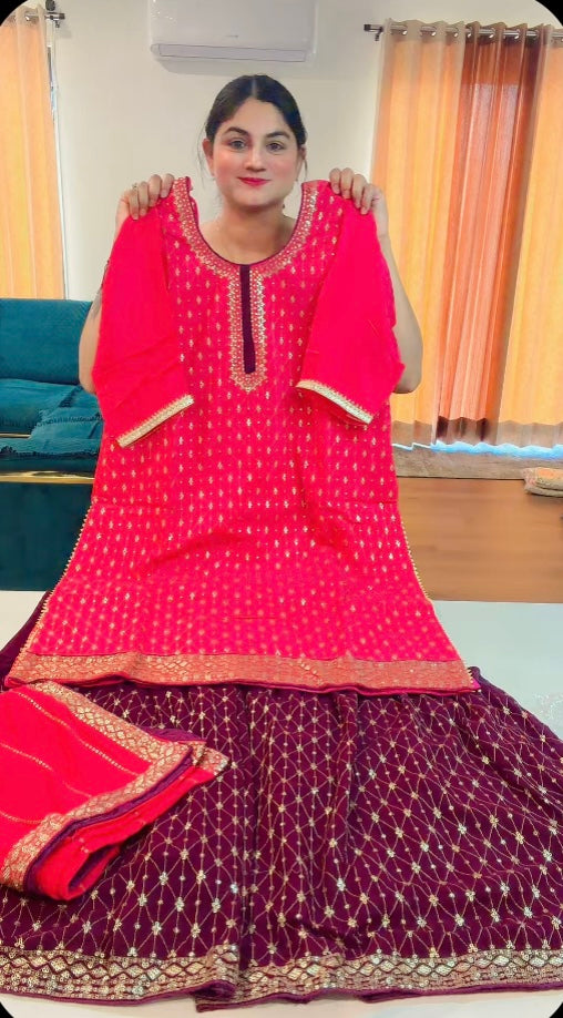 Party wear Sharara suit on carpe and Georgette ( Colour : Gajri+Wine) code RS106