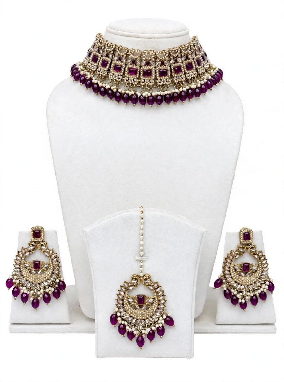 Purple choker / necklace set in reverse AD ( high quality polki )- N 40