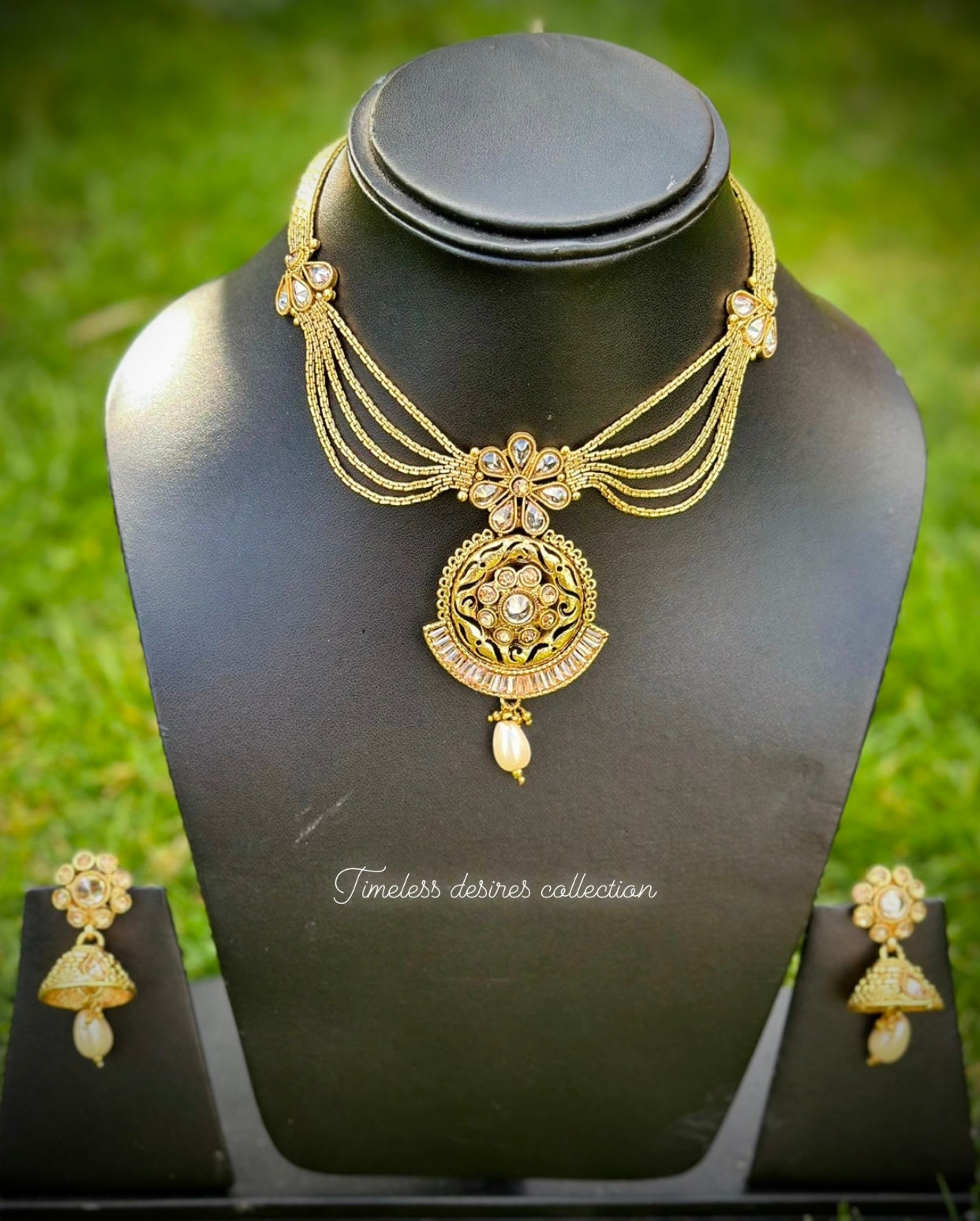 Gold plated Necklace set with jhumka earrings in Antique look