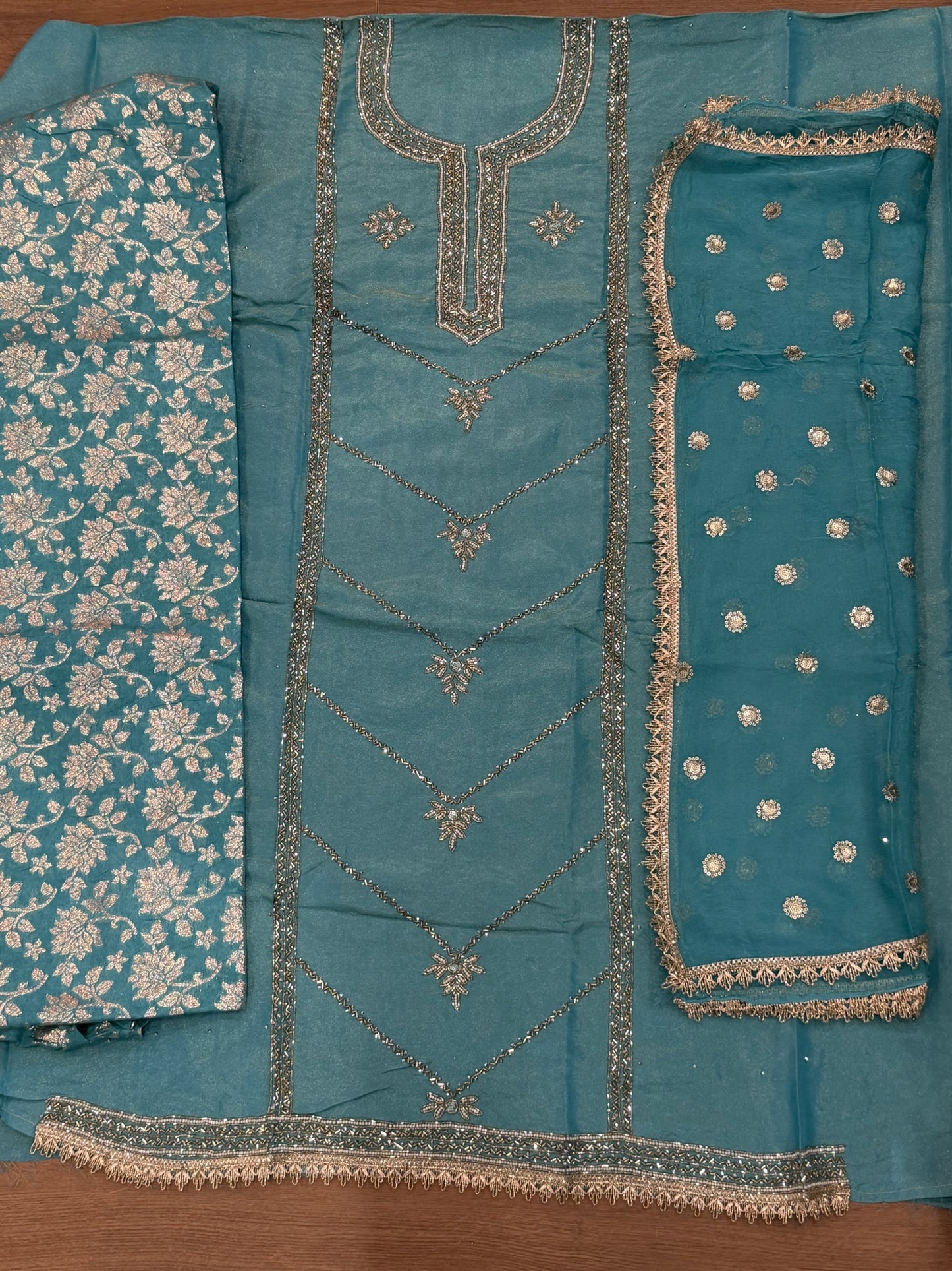 Unstitched handwork Suit - shirt: shimmer silk , bottom : Banarsi , Duppata : chiffon ( colour : firozi )