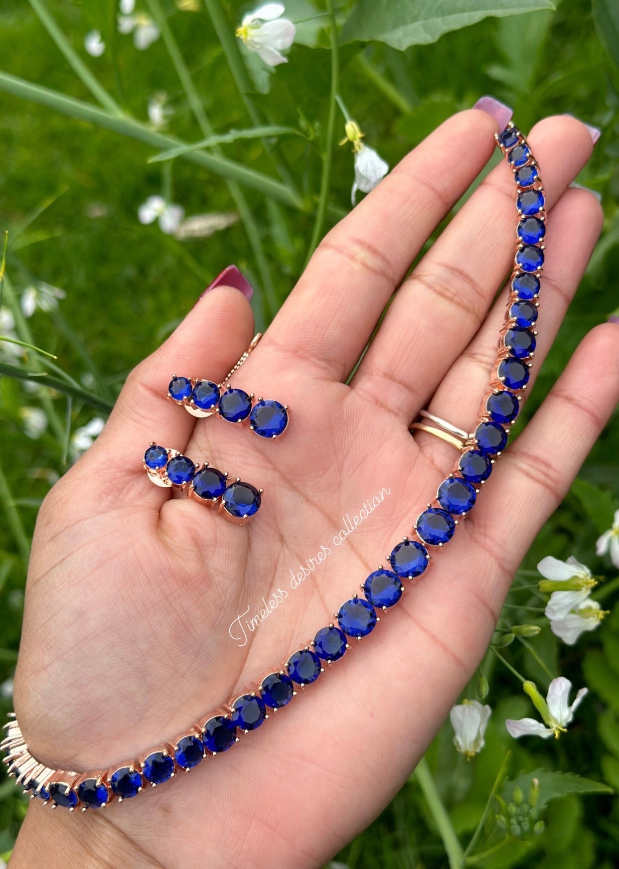 Blue American diamond necklace set in rose golden