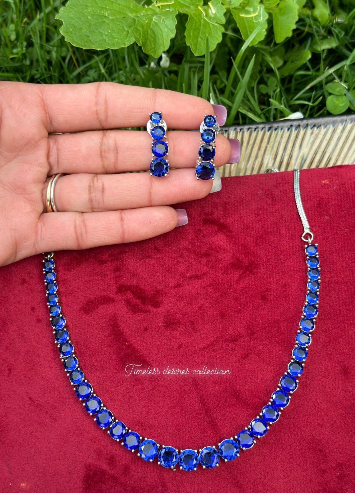 Blue American diamond necklace set in silver