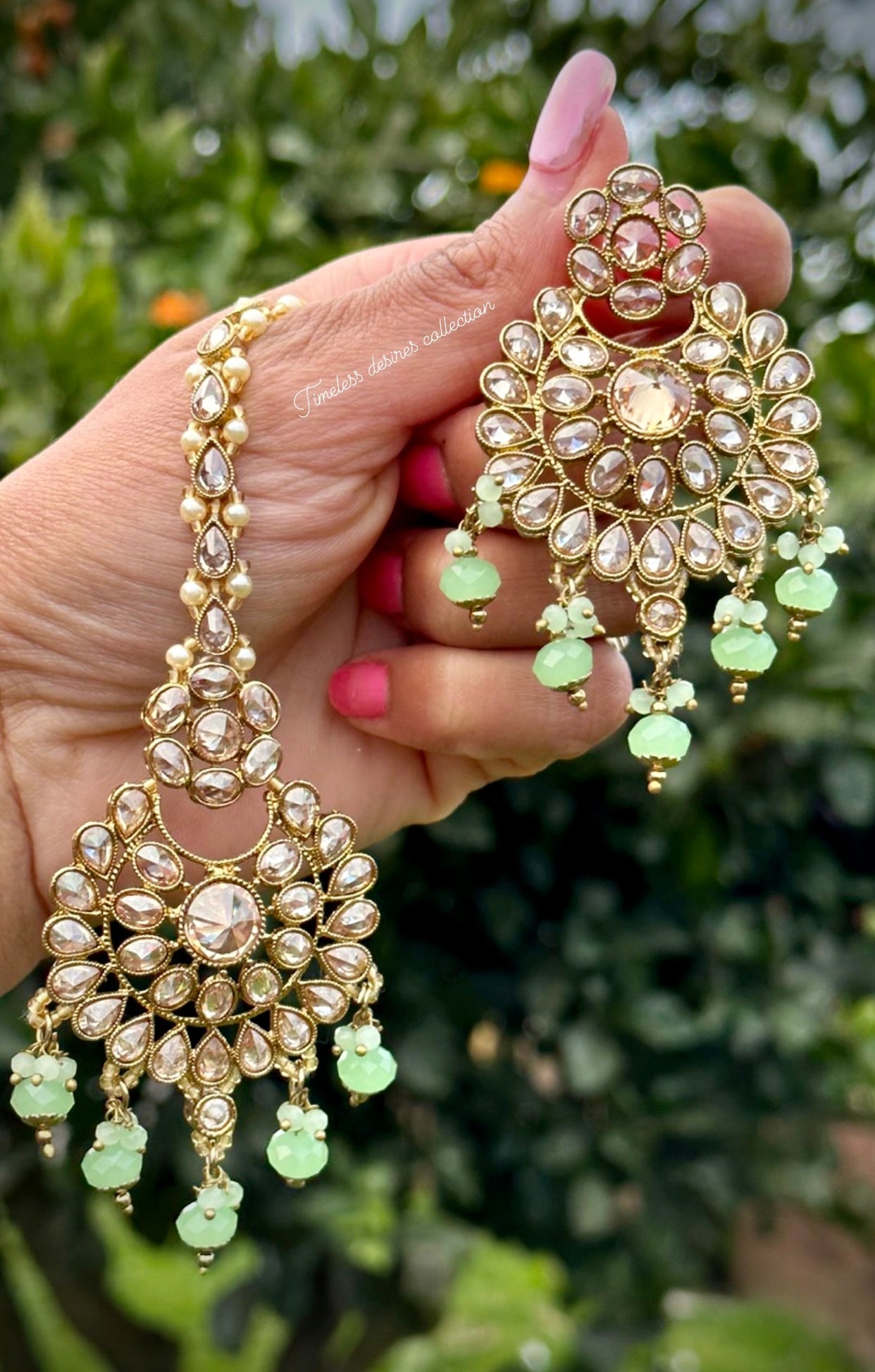 Mint green earrings and tikka set in reverse AD ( high quality Polki )