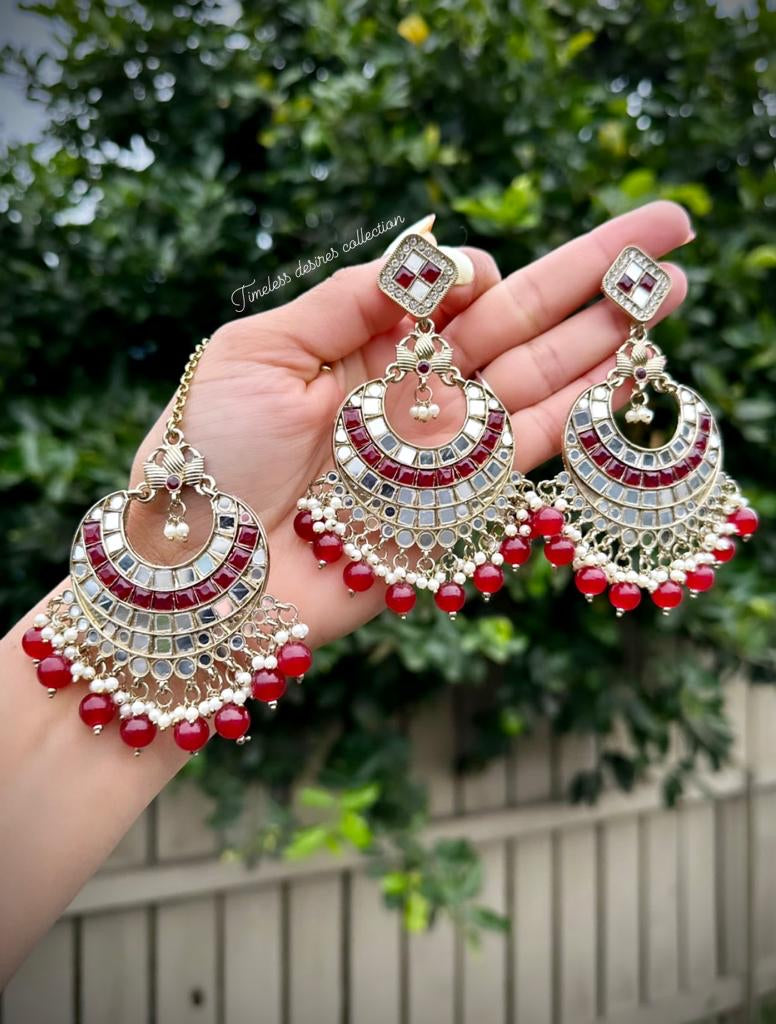 Maroon Earrings & Tikka set in Mirror
